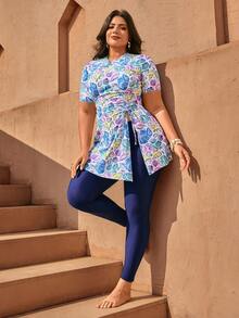 Swim Mulvari Plus Size Women Conservative Seashell Print Burkini - Black - View 6