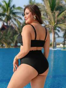 Swim Lushoire Damen Große Größen 2-teiliges Badeanzug Set, Spitzenbesatz Bademode für Sommerurlaub - Schwarz - Übersicht 2