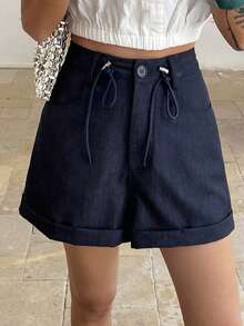 Quần short Bermuda dáng rộng, chất liệu giả denim, thích hợp cho mùa xuân/hè, đi nghỉ mát, dạo phố, hoạt động ngoài trời, phong cách bohemian, đi biển, công sở. - Màu xanh hải quân - Xem 1
