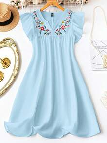 SHEIN LUNE 优雅通勤休闲女装，畅销花卉图案，百搭舒适V领荷叶袖中长连衣裙，白色，大码，适合春、夏、秋季穿着。 - 天藍色 - 查看 1