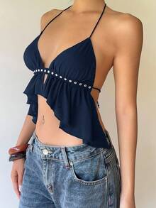 Aloruh Black Rivet Halter Backless Sexy Camisole - Navy Blue - View 6