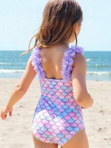 SHEIN Young Girl Gradient Fish Scale Print Halter One-Piece Swimsuit, Beach Vacation Style, Summer - Multicolor - View 1