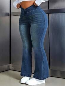 Flexra Plus Size Women Asymmetric Waist Flare Casual Versatile Jeans - Blue - View 9