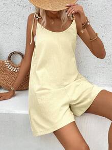 Breezaya Bộ áo liền quần cổ tròn bằng vải cotton mài, màu trơn, đính hạt. - Màu be - Xem 4