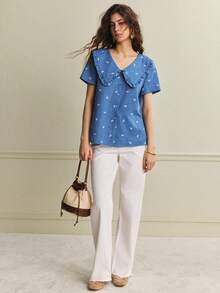 Écloséra 新款春夏蓝色衬衫，饰有纹理植物印花，个性领口，荷叶边领口，短袖，开襟设计，复古休闲风，女士衬衫，夏季上衣，夏季，女士夏季度假V领衬衫，女士蓝色上衣，女士蓝色碎花上衣，女士夏季上衣，女士蓝色衬衫 - 彩色 - 查看 6