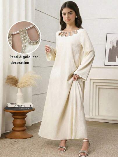 Elegant Textured Faux Pearl Decor Hollow Out Dress For Teen Girls, Suitable For Holidays Or Everyday Wear