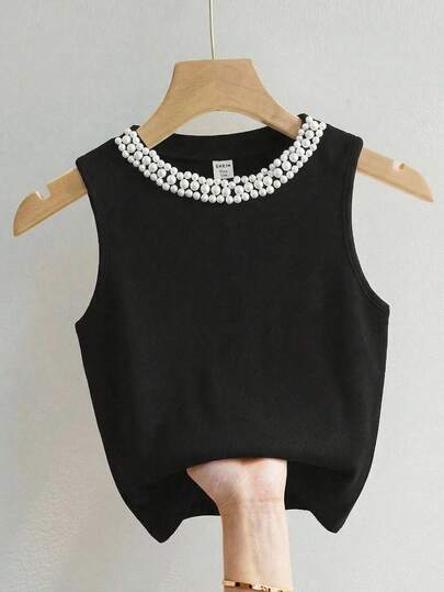 SHEIN Teen Girls Elegant Faux Pearl Beaded Round Neck Tank Top, Summer