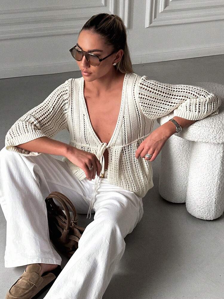 Livesso קרדיגן סריג טלאים עם שרוכים מותניים צמודים ושרוולים מתרחבים לנשים, מתאים לחופשות אביב, קיץ וסתיו - בז' - ראה 10