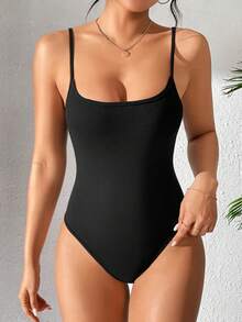 SHEIN PETITE 無紋背心細肩帶連體褲 - 黑色 - 查看 1