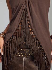 ROMWE Hippie Women's Retro Vacation Boho Halter Neck Tassel Asymmetrical Hem Blouse - Brown - View 2