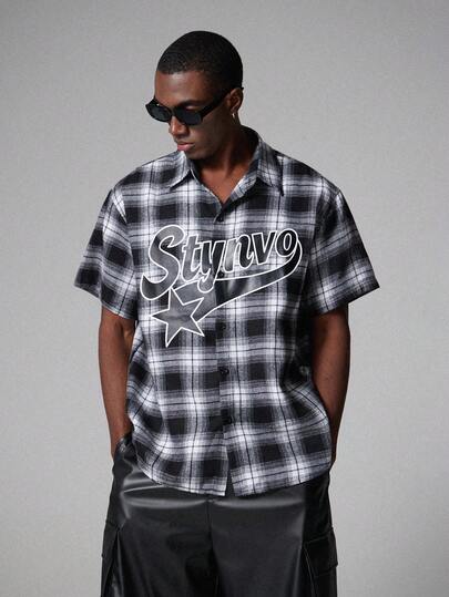 STYNVO Men's Plaid, Letter & Pentagram Print Casual Versatile Daily Wear Short Sleeve Shirt