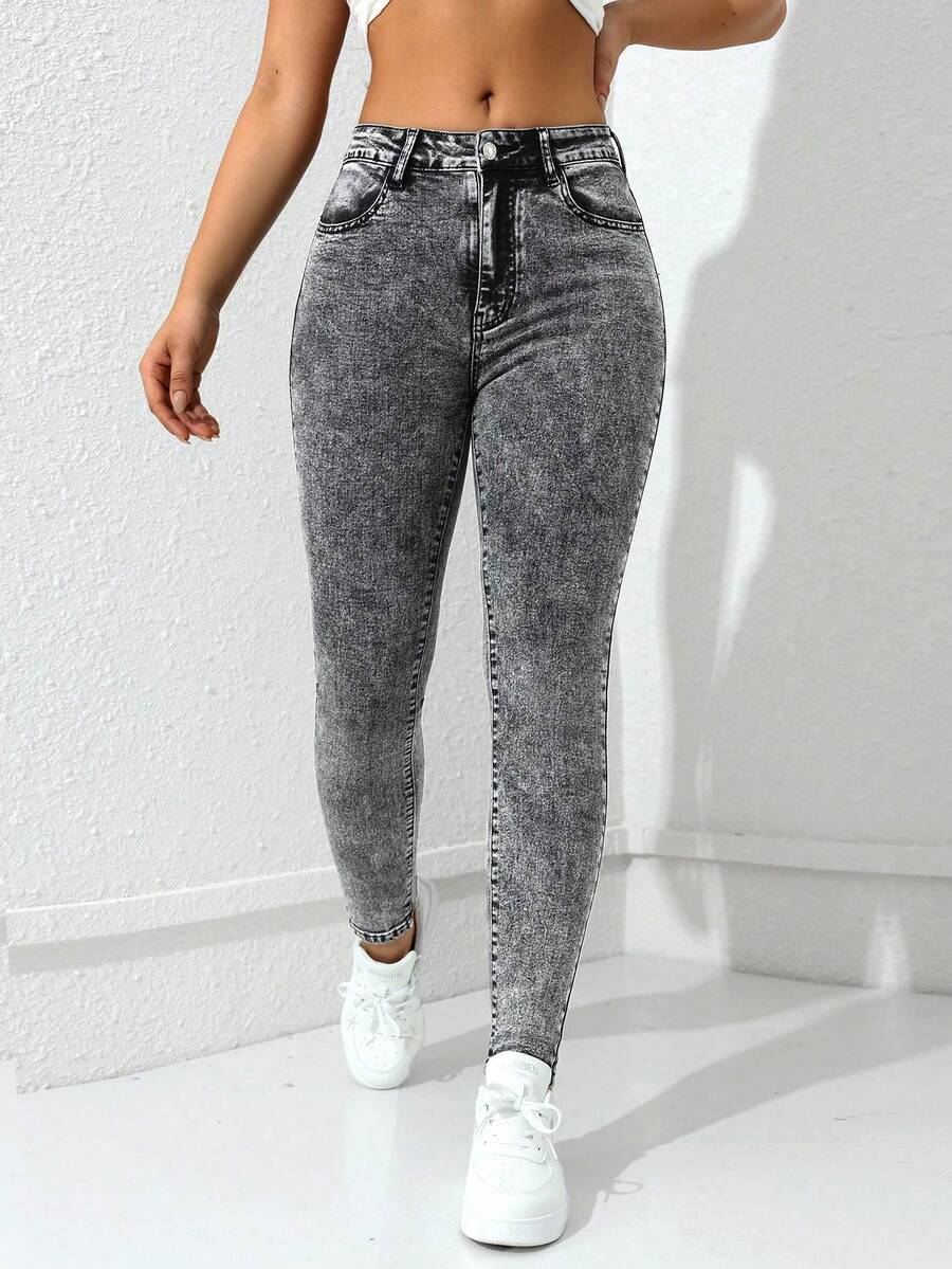 Flexra Women's Fashion Casual Washed Slant Pocket Skinny Jeans - Dark Grey - View 1