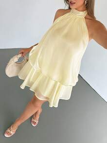 Auralis 大码优雅纯色腰部系带露背吊带连衣裙，夏季 - 杏色 - 查看 3