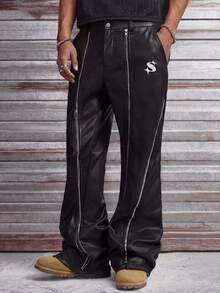 AXEPEAK Men's Zipper Decor Button Casual Wide Leg Pants - Black - View 6