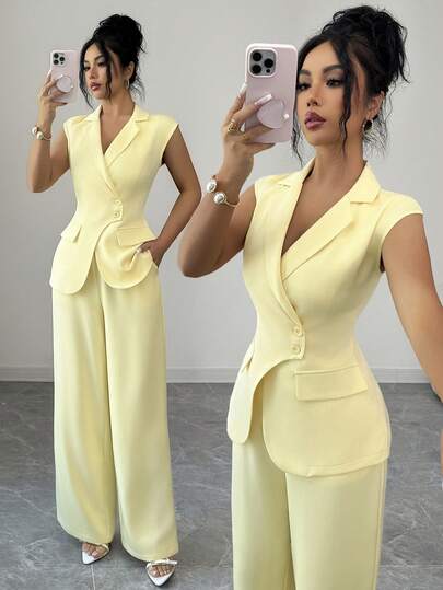 Elenzga 女士春夏套装，适合外出、约会、新年、情人节、复活节、母亲节、中东婚礼等场合，尽显精致时尚、优雅复古风情、休闲简约通勤、浪漫度假。无袖西装外套+直筒裤两件套，黄色口袋，奶油黄两件套裤装，夏季女式两件套裤装，优雅女士套装。