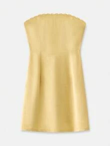 lacRébo 奶油黄亚麻混纺无肩带迷你连衣裙，扇形下摆，女士短款连衣裙，度假连衣裙，夏季连衣裙，返校连衣裙，春夏连衣裙，法式巴黎风情 - 黃色 - 查看 8