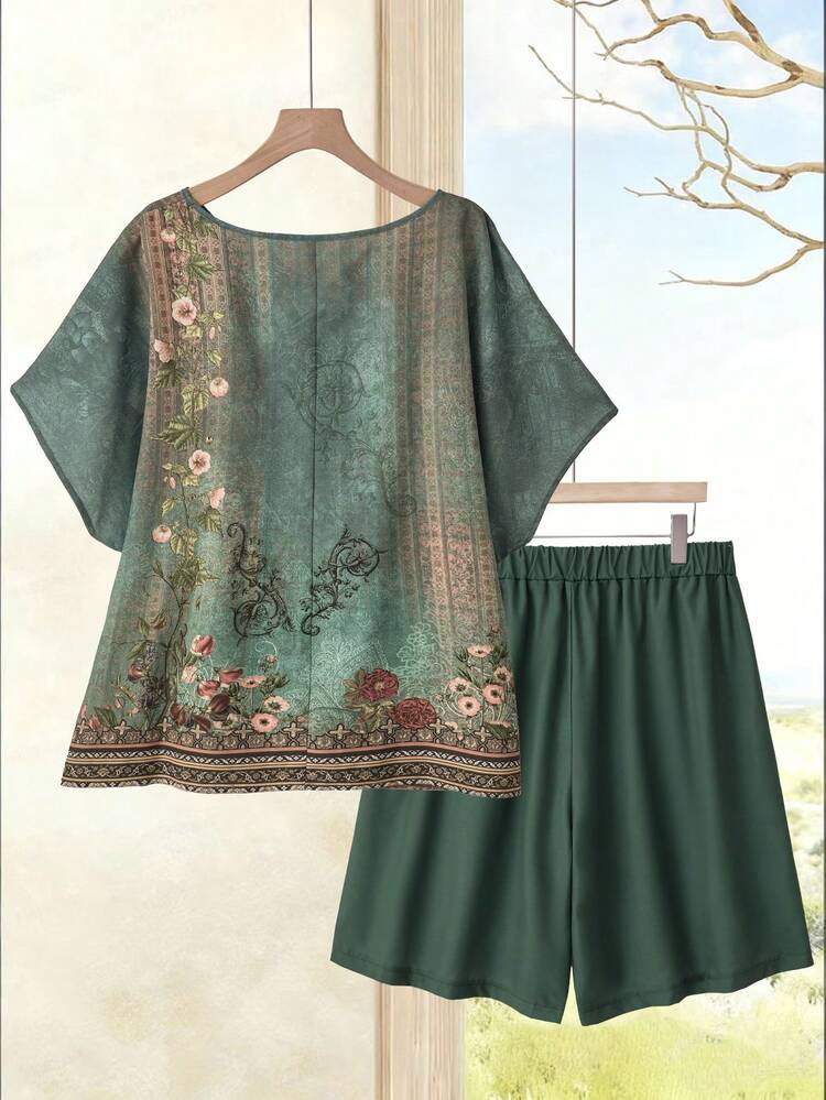 Plus Size Women Floral Print Short Sleeve Top And Shorts 2 Piece Casual Set\Summer\Vacation Summer Outfits Summer Clothes  Spring  Spring Outfit Women Spring Clothes Country Style For Women Vacation Outfits Women Women's Summer Set
