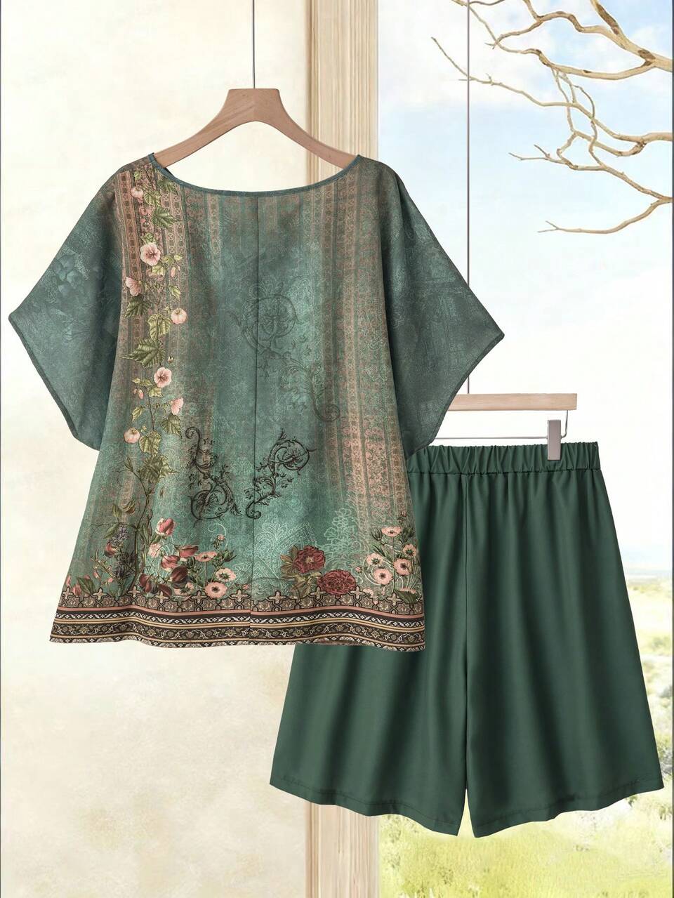 Plus Size Women's Dark Green Summer Boho Vacation Holiday Floral Print Short Sleeve Top And Shorts 2 Pieces Casual Set,Spring Country Style Clothes