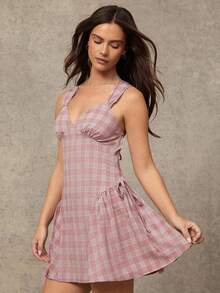 WESTFADE 刺绣格纹V领层叠荷叶边侧边系带露背镂空修身A字无袖迷你连衣裙，适合春季、夏季、度假、休闲、可爱、波西米亚风、纳什维尔、假期、节日等场合 - 淺粉色 - 查看 3