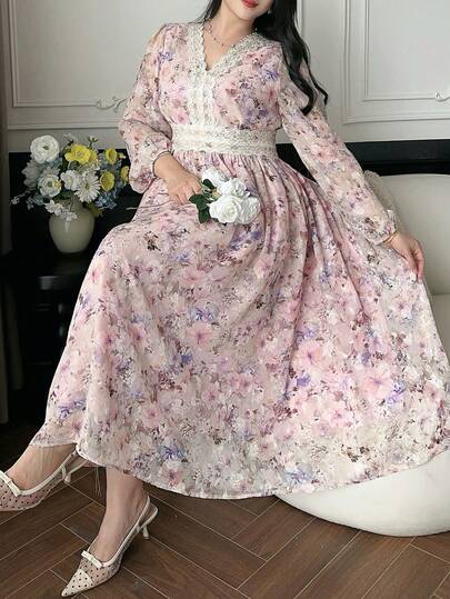 Dazy Plus Plus Size Women Floral Print Patchwork Lace Waist Elegant Lantern Sleeve Party Dress, Spring/Summer