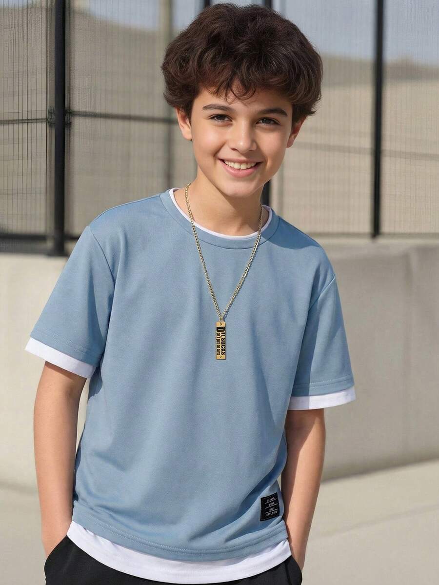 SHEIN Mirajuku Tween Boy Dropped Shoulder Short Sleeve Loose Casual Summer Minimalist T-Shirt - Baby Blue - View 1