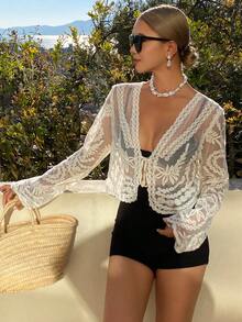 DAZY Áo khoác ngoài kiểu Bohemian khoét lỗ bằng móc len dành cho nữ, thích hợp cho kỳ nghỉ hè. - Màu be - Xem 5