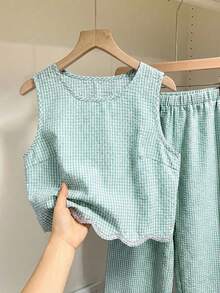 SHEIN Frenchy Women's Round Neck Shell Trim Plaid Print Camisole And Pants Casual 2 Pieces Set - Mint Green - View 3