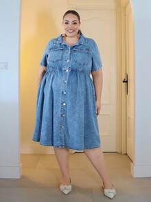 Pretty and Ole Plus Flap Pocket Shirt Denim Dress - Light Wash - View 1