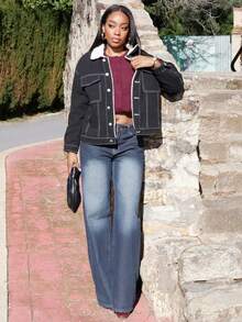 Yess Loren 女式前扣长袖休闲保暖牛仔夹克 Old Money 风格，保暖内衬秋冬 - 黑色 - 查看 6