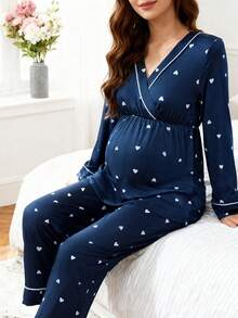 SHEIN Heart Print Trim Breastfeeding Maternity Long Sleeve Pajama Set - Navy Blue - View 3