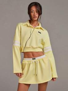 Athîral Áo sweatshirt nữ tay dài cổ bẻ dáng ngắn màu vàng, kiểu dáng thường ngày. - Vàng nhạt - Xem 7