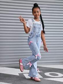 青少年女孩 Y2K 時尚淺色水洗蝴蝶結復古可愛牛仔吊帶褲喇叭腿牛仔褲休閒牛仔連身褲附斜口袋，女孩秋季假期穿搭，適合日常旅行、戶外、居家、早午餐、茶會、通勤、機場穿著，女孩秋季服飾穿搭，青少年女孩返校服裝，鄉村音樂會穿搭 - 淺色水洗藍 - 查看 4