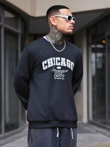 Devon Thys 男士复古美式圆领卫衣，芝加哥字母印花，休闲街头风，秋冬款，长袖上衣 - 黑色 - 查看 7