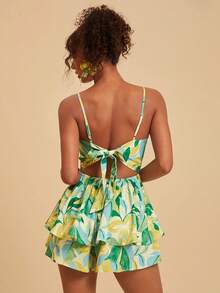 Travachic Plant Print Tie-Front Backless Jumpsuit For Women, Vacation - Multicolor - View 1