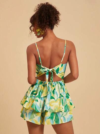 Travachic Plant Print Tie-Front Backless Jumpsuit For Women, Vacation