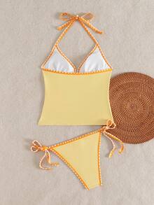 Swim Mod Women's Summer Vacation Casual Beach Wear Yellow Tropical Floral Print Bikini Two Pieces Swimsuit Set With Halter Neck Tie And Ruffle Trim - Multicolor - View 2