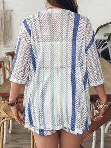 SHEIN VCAY Plus Size Women's Blue & White Striped Shirt And Shorts Knit 2 Pieces Set, Summer Vacation - Multicolor - View 2