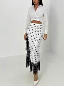 Aloruh 女士时尚优雅波点印花蕾丝拼接半身裙 - 黑與白 - 查看 7