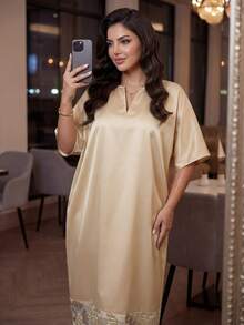 SHEIN Autumn And Winter Elegant Modest Gold Dress V Neck Plus Size Solid Color & Printed Patchwork Short Sleeve Dress Long Summer Dress For Women Yellow New Year's Dress Plus Size Dress Women Church Dress Christmas Dress Elegant Dresses For Women Wedding Party Dress Abayas Dubai Luxury Zeylah Dress Najma Dress Modest Sets For Women Sparkly Dress Floral Dress Sparkly Dress - Apricot - View 4