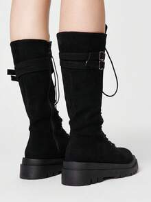 ROMWE Goth 女士搭扣系带黑色中筒靴 情人节 - 黑色布面 - 查看 5