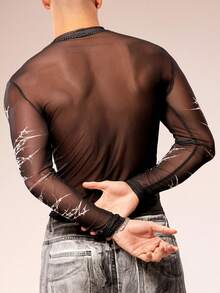 FeverCity Camiseta de manga larga de cuello redondo transparente y ajustada de moda y sexy para hombres - Multicolor - Ver 2