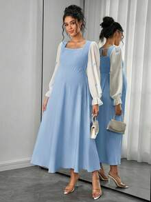 Momance Maternity Dress With Ruffle Hem, Lantern Sleeve, Bow Decor, Square Neck, Gathered Back, Bow Tie, A-Line Dress - Baby Blue - View 5