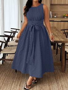 Weeklong Plus Size Striped Print Round Neck Casual Summer Sleeveless Dress - Multicolor - View 4