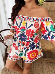 Weeklong Plus Size Women's Off-Shoulder Ruffle Sleeve Printed Romper, Vacation Style, Spring/Summer - Multicolor - View 4