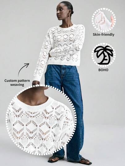 Ontre 2026SS Comfortable Versatile Round Neck Short Sleeve Hollow-Out Knit Top Bohemian Style Vacation Wear Modern Urban Casual Fashion Business Casual Women's Office Wear Low-Key Old Money Style Effortless Temperament High-End Urban Commuting High-Quality Airport Women's Wear High-End Material All Season  Ins Celebrity Same Style Vacation Style, Exotic Atmosphere, Country Concert, Western Style Clothing, High-Grade Fabric, Comfortable And Breathable