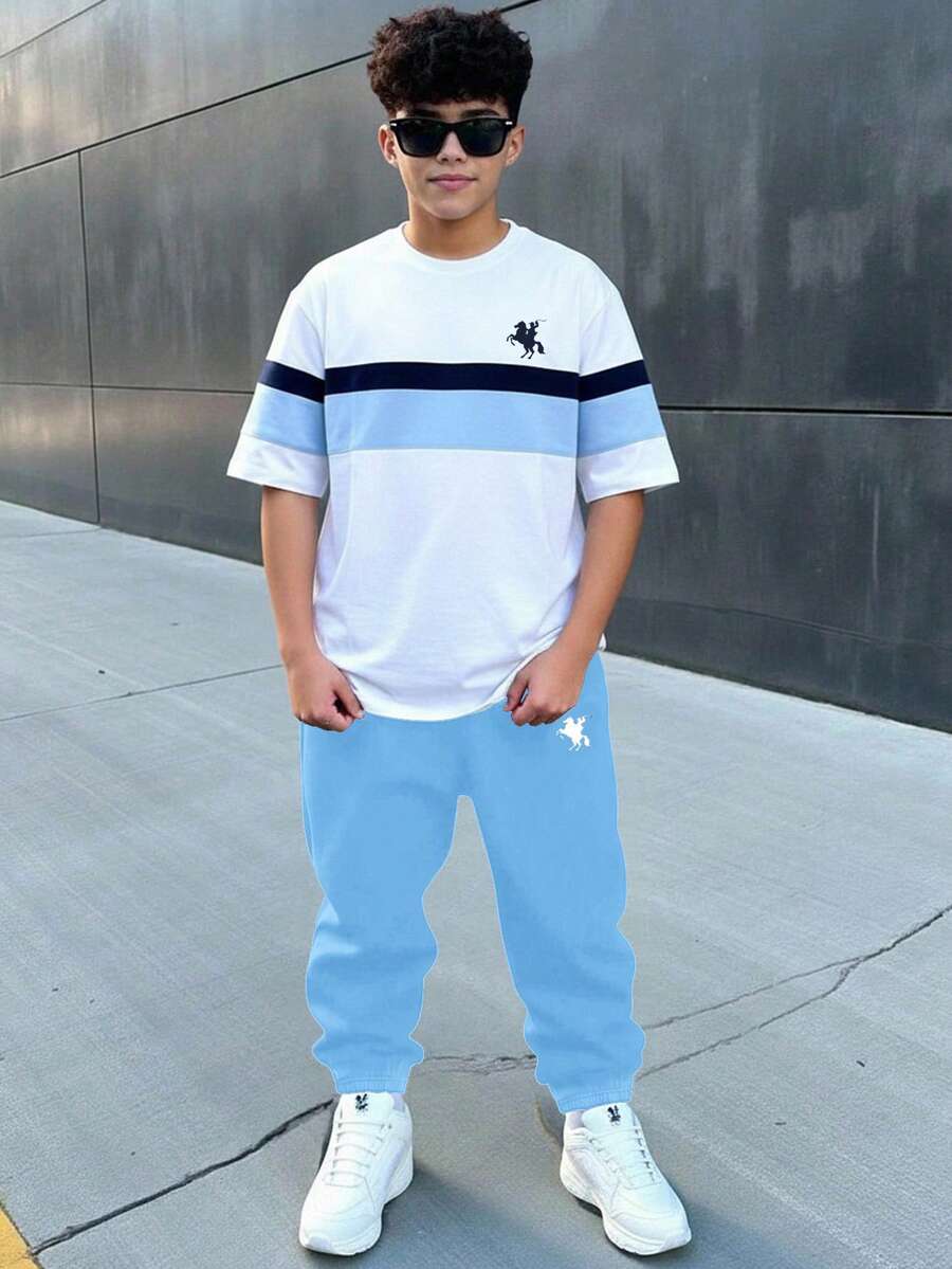 青少年男孩白色夏季街頭風休閒馬標誌美式復古拼色舒適圓領短袖T恤與長褲套裝 - 彩色 - 查看 1