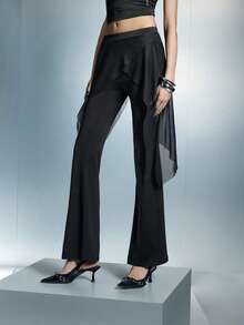 Airlisse 女士不对称网眼拼接喇叭裤，春夏款 - 黑色 - 查看 3