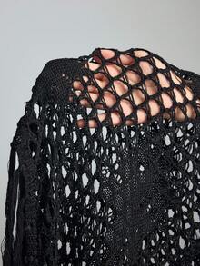 ROMWE Hippie 女士复古音乐节嬉皮风钩针串珠流苏边饰罩衫 - 黑色 - 查看 7