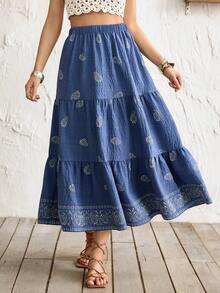 Breezaya 日常度假休闲印花定位花朵，女士春夏半身裙，女士春夏休闲商务装，适合旅行度假，春夏百搭，女士度假装，夏季半身裙灵感。 - 藍色 - 查看 7