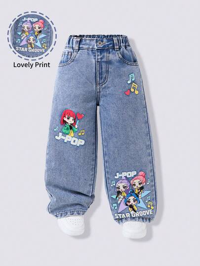 Toddler Girls' Light Blue Washed Wide Leg Jeans, Elastic Waist Design For Comfort, Cartoon Character & Music Note Print, Lively & Eye-Catching, Suitable For Spring/Autumn Wear Or Summer Layering, Versatile For Daily, School, Extracurricular Activities And Casual Outings, Creating A Casual Yet Playful Street Style For Girls